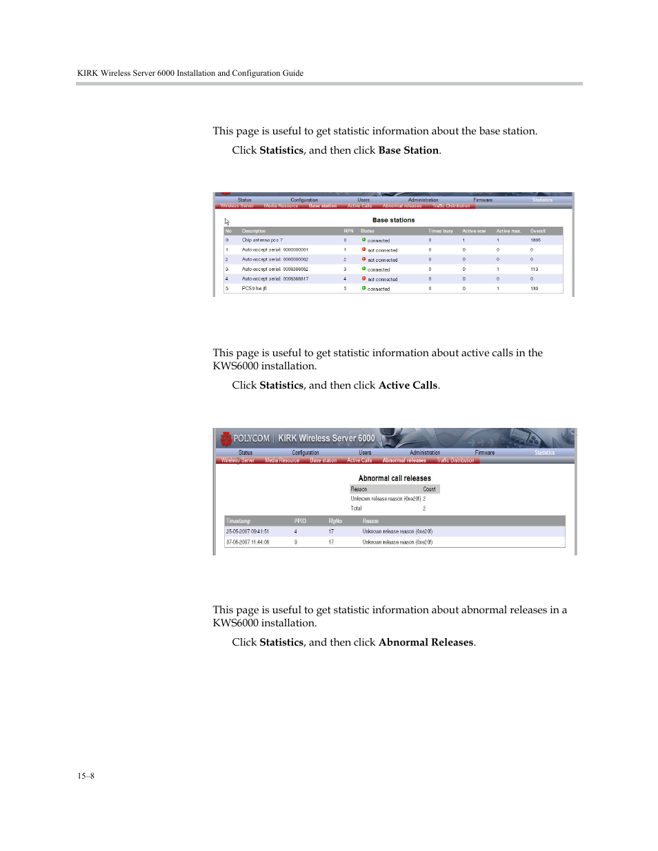 Base station, Active calls, Abnormal releases | Polycom KIRK KWS6000 User Manual | Page 156 / 202