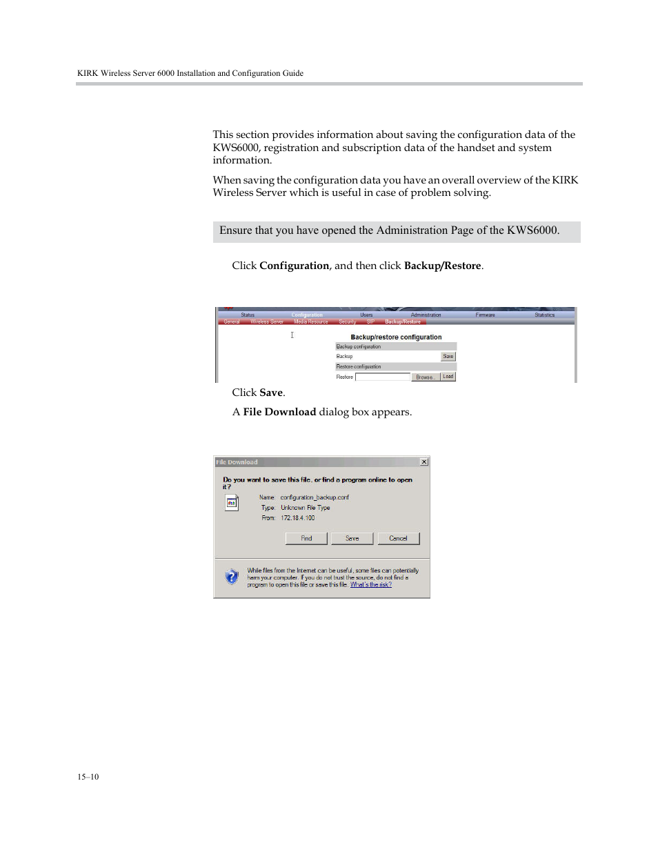 Making a back-up of the configuration file, Making a back-up of the configuration file –10, For more information, refer to | Polycom KIRK KWS6000 User Manual | Page 158 / 202