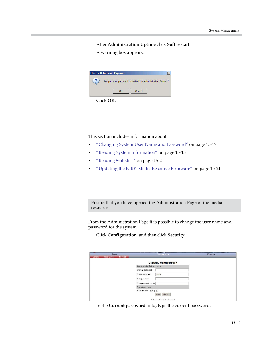Kirk media resource, Changing system user name and password, Kirk media resource –17 | Changing system user name and password –17 | Polycom KIRK KWS6000 User Manual | Page 165 / 202