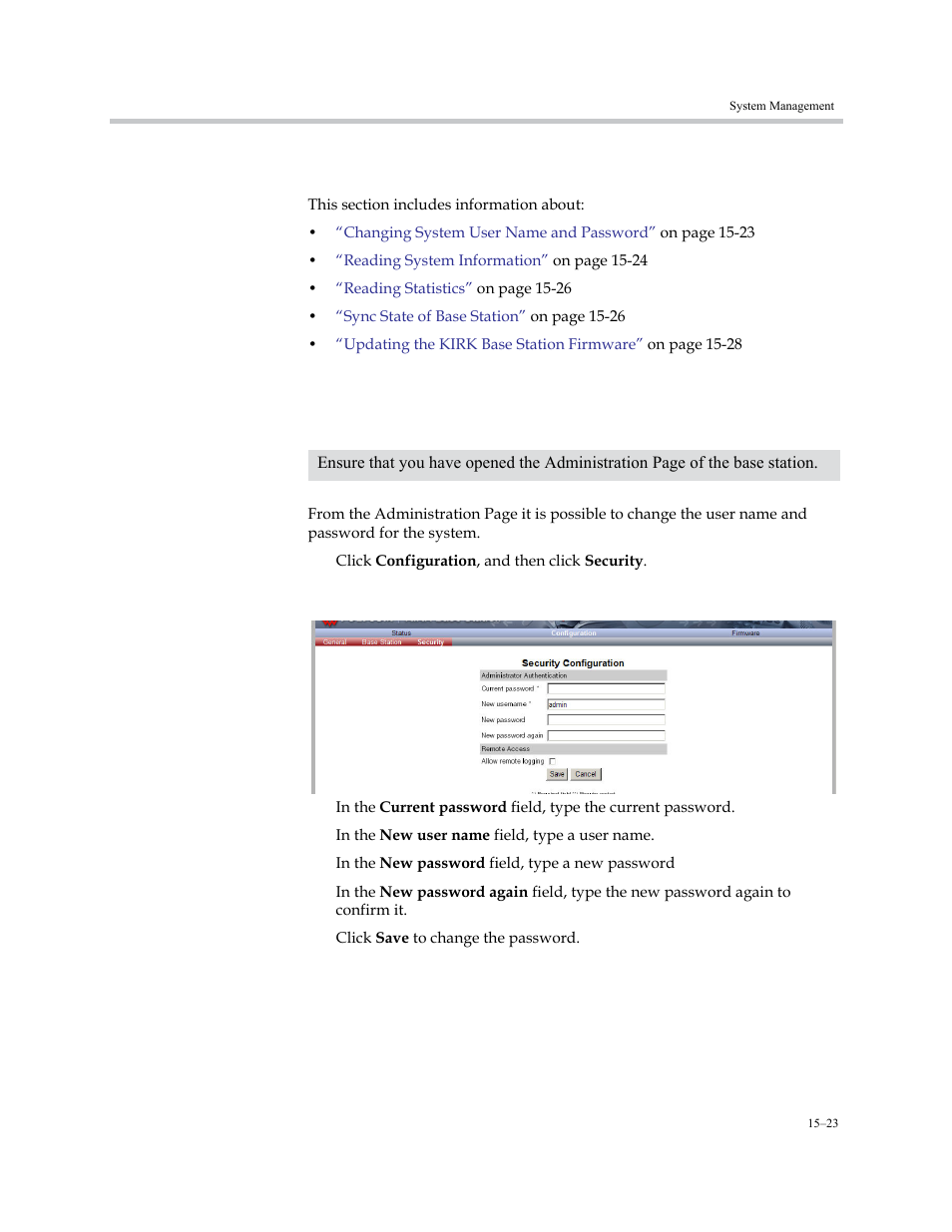 Kirk base station, Changing system user name and password, Kirk base station –23 | Changing system user name and password –23 | Polycom KIRK KWS6000 User Manual | Page 171 / 202