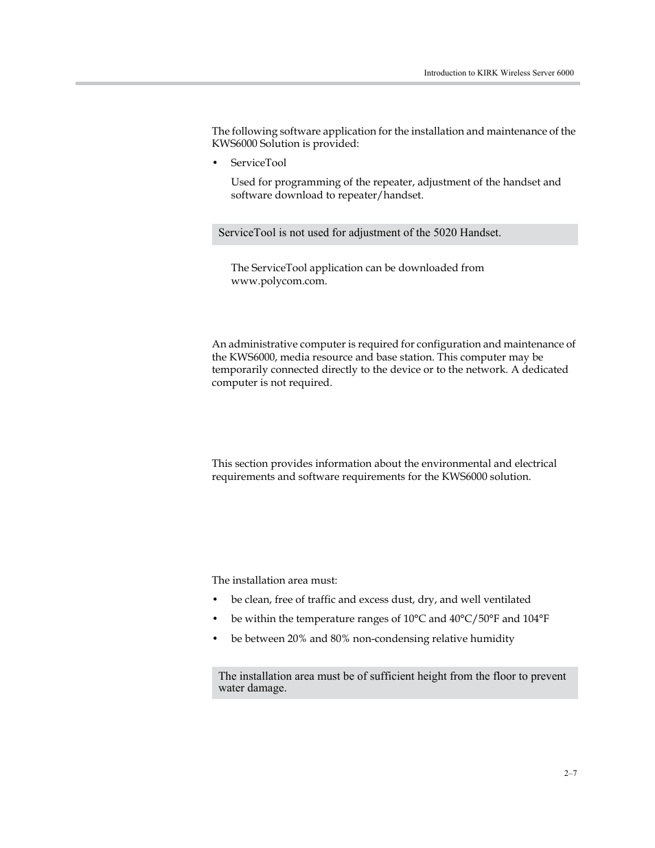 Kirk maintenance software, Administrative computer, Kirk wireless server 6000/kirk media resources | Environmental requirements, Kirk wireless server 6000/kirk media resources –7, Environmental requirements –7 | Polycom KIRK KWS6000 User Manual | Page 23 / 202