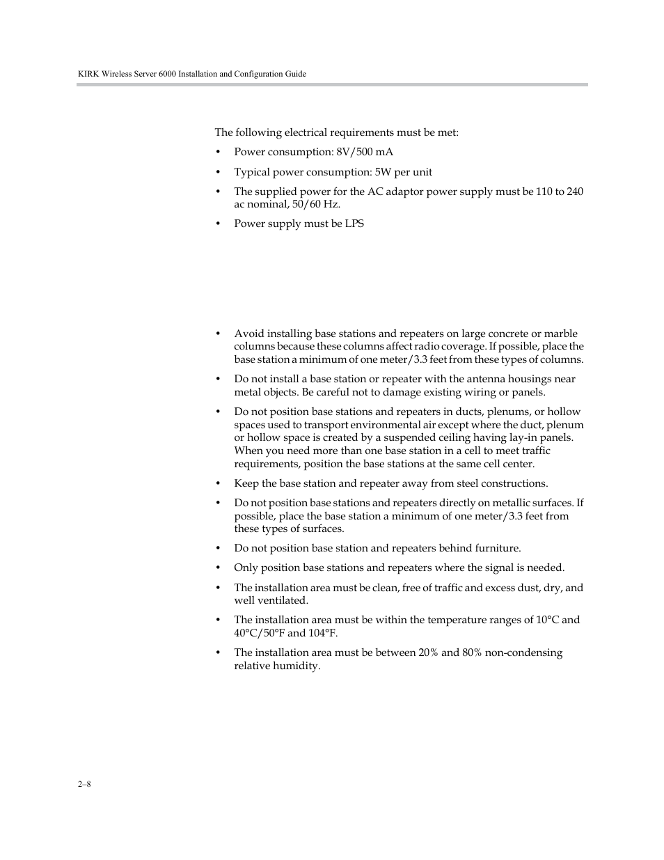 Electrical requirements, Kirk base stations and kirk repeaters, Environmental requirements | Electrical requirements –8, Kirk base stations and kirk repeaters –8, Environmental requirements –8 | Polycom KIRK KWS6000 User Manual | Page 24 / 202