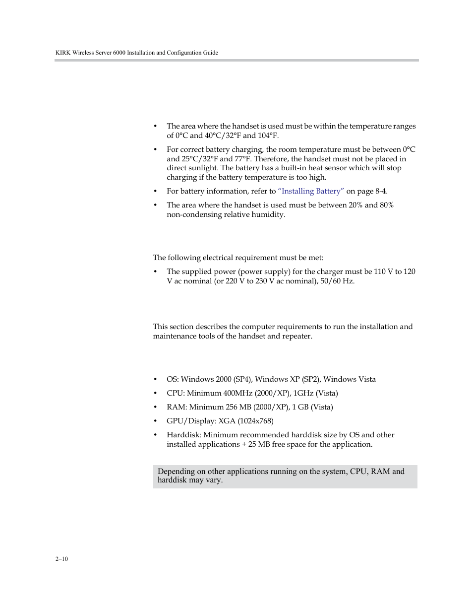 Kirk handsets, Environmental requirements, Electrical requirements | Kirk maintenance software, Software requirements, Kirk handsets –10, Kirk maintenance software –10, Software requirements –10 | Polycom KIRK KWS6000 User Manual | Page 26 / 202