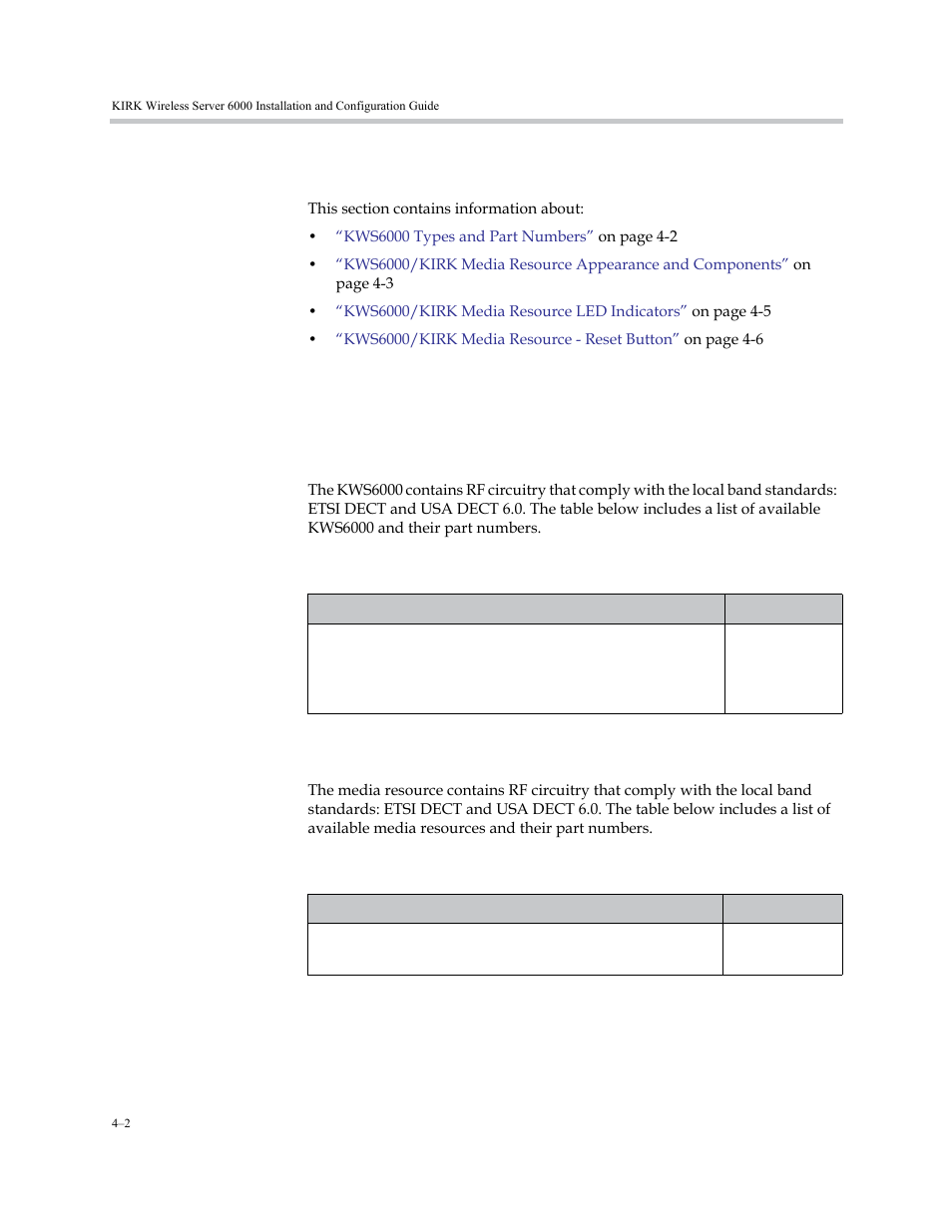 Description of kws6000/kirk media resource, Types and part numbers, Kws6000 types and part numbers | Kirk media resource types and part numbers, Description of kws6000/kirk media resource –2, Types and part numbers –2 | Polycom KIRK KWS6000 User Manual | Page 40 / 202