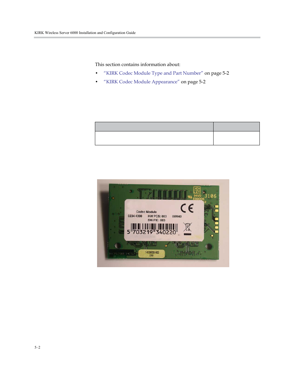 Description of kirk codec module, Kirk codec module type and part number, Kirk codec module appearance | Description of kirk codec module –2 | Polycom KIRK KWS6000 User Manual | Page 48 / 202