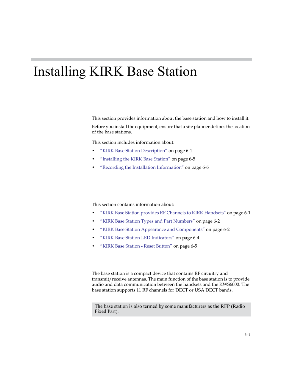Installing kirk base station, Kirk base station description, Kirk base station description –1 | Installing kirk base, Station, Installation, refer to | Polycom KIRK KWS6000 User Manual | Page 51 / 202