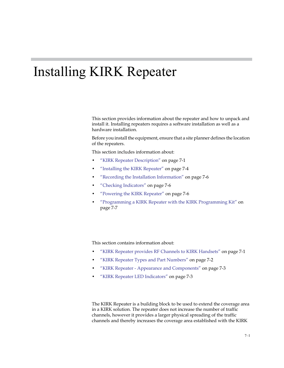Installing kirk repeater, Kirk repeater description, Kirk repeater description –1 | For more information about the repeater, refer to | Polycom KIRK KWS6000 User Manual | Page 57 / 202