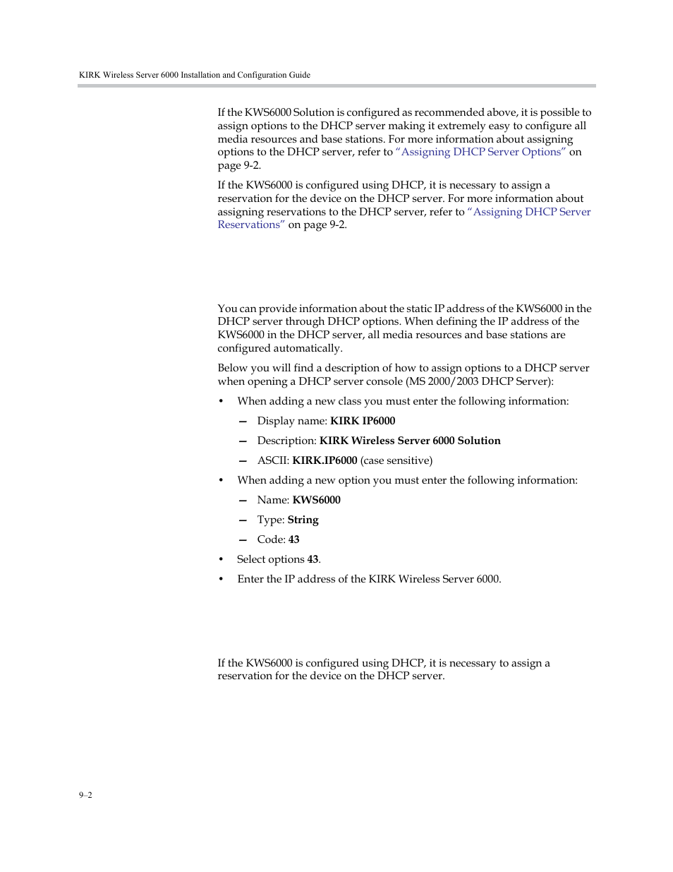 Assigning dhcp server options, Assigning dhcp server reservations | Polycom KIRK KWS6000 User Manual | Page 88 / 202