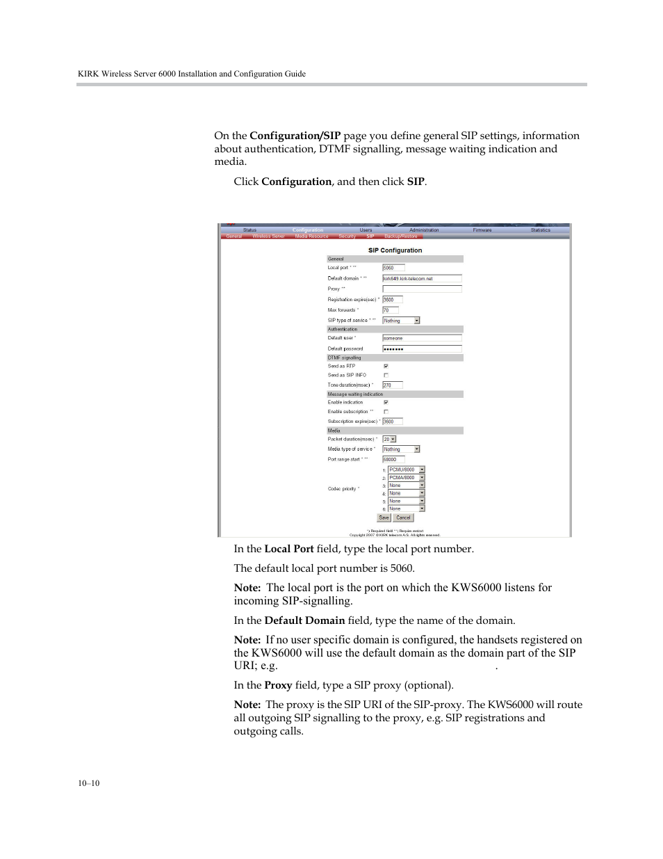 Sip configuration, Sip configuration –10 | Polycom KIRK KWS6000 User Manual | Page 98 / 202