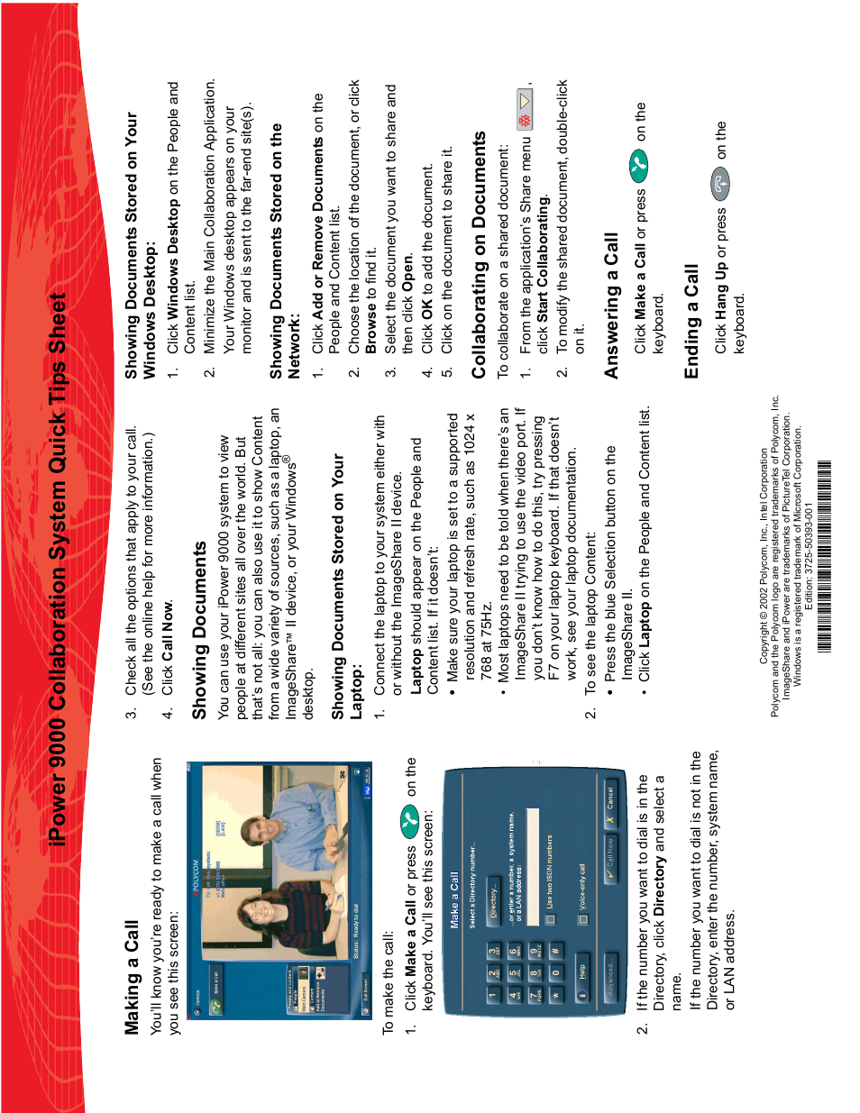 Collaborating on document s, Answering a call, Ending a call | Showing document s, M akin g a call | Polycom 9000 User Manual | Page 2 / 2
