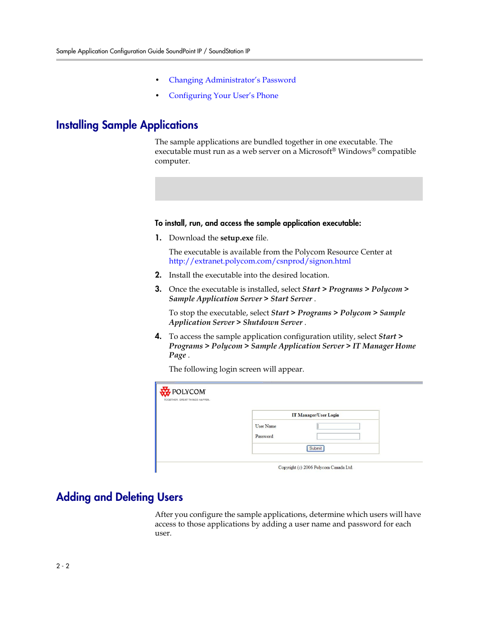 Installing sample applications, Adding and deleting users | Polycom SoundPoint IP 330 User Manual | Page 10 / 36
