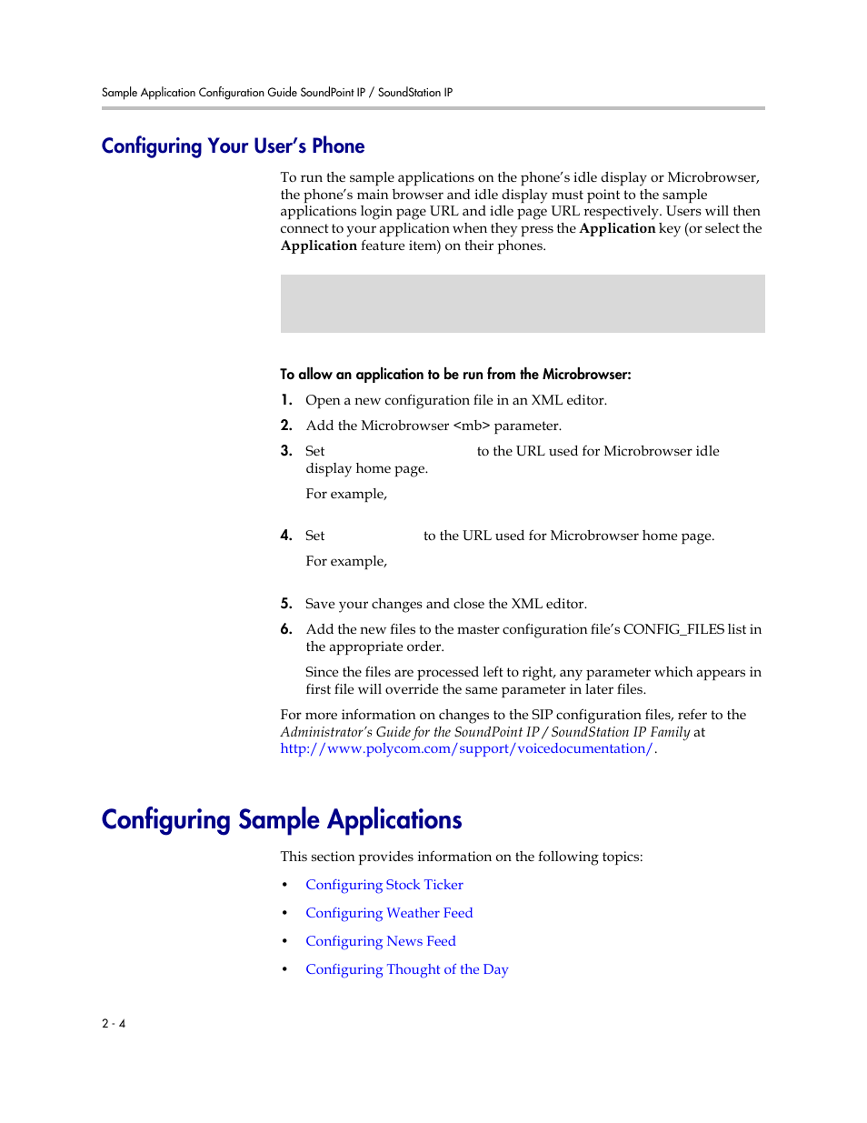 Configuring your user’s phone, Configuring sample applications, Configuring your user’s phone –4 | Configuring sample applications –4, To confi | Polycom SoundPoint IP 330 User Manual | Page 12 / 36