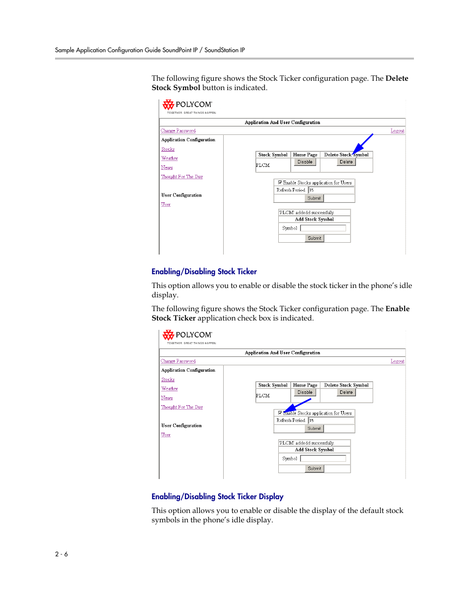Enabling/disabling stock ticker, Enabling/disabling stock ticker display | Polycom SoundPoint IP 330 User Manual | Page 14 / 36