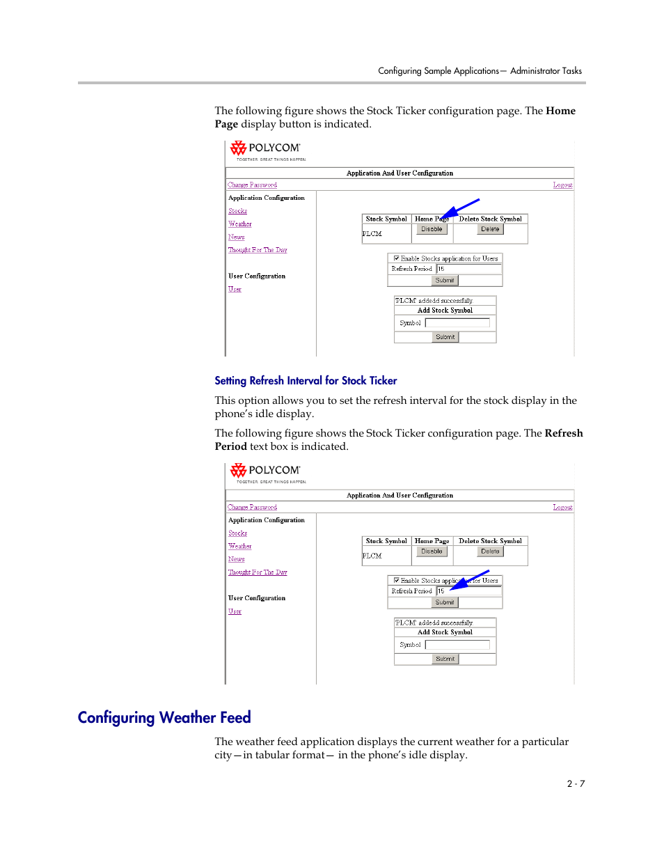 Configuring weather feed, Configuring weather feed –7, Setting refresh interval for stock ticker | Polycom SoundPoint IP 330 User Manual | Page 15 / 36