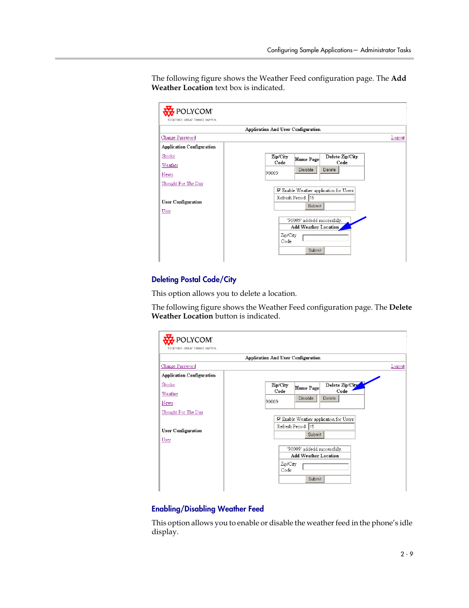Deleting postal code/city, Enabling/disabling weather feed | Polycom SoundPoint IP 330 User Manual | Page 17 / 36