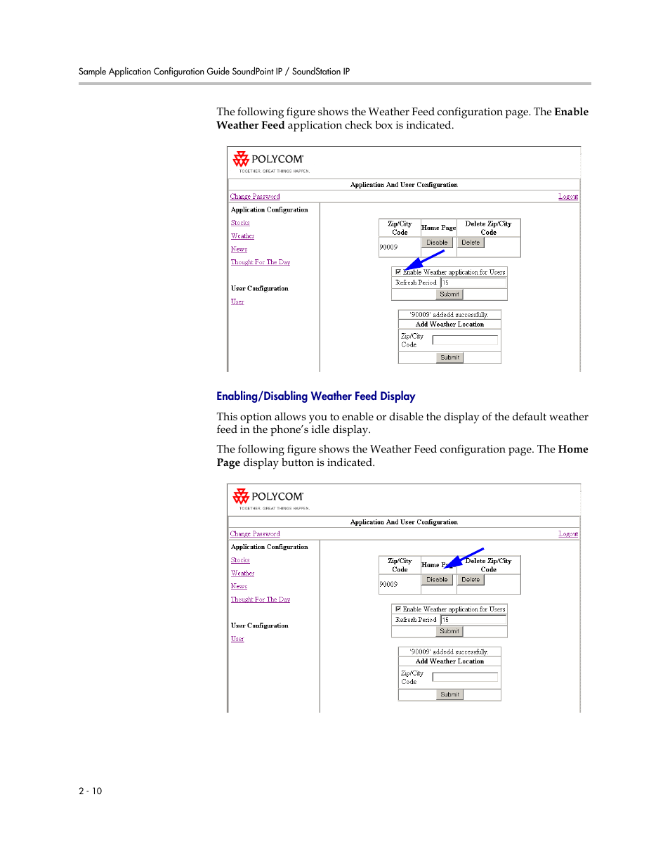 Enabling/disabling weather feed display | Polycom SoundPoint IP 330 User Manual | Page 18 / 36
