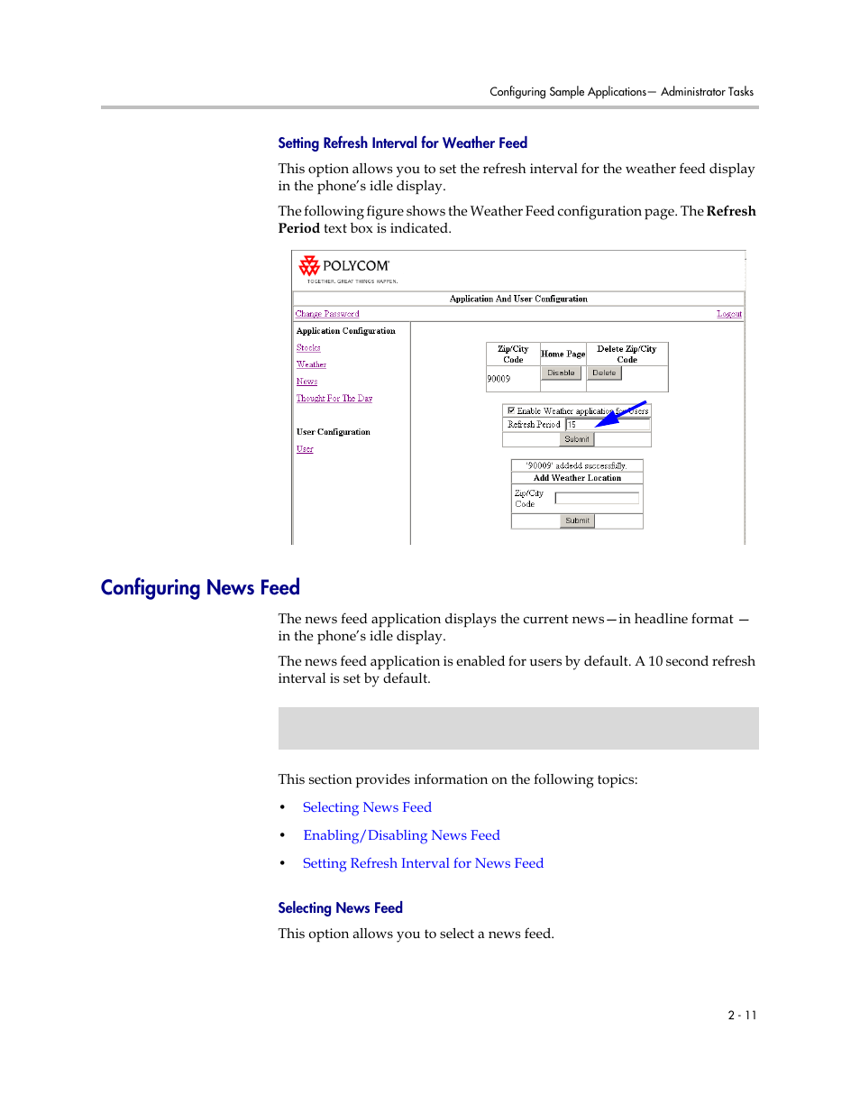 Configuring news feed, Configuring news feed –10, Setting refresh interval for weather feed | Polycom SoundPoint IP 330 User Manual | Page 19 / 36