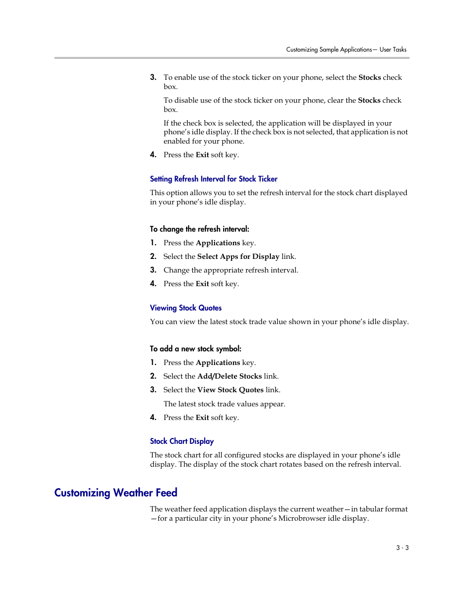 Customizing weather feed, Customizing weather feed –3, Setting refresh interval for stock ticker | Viewing stock quotes, Stock chart display | Polycom SoundPoint IP 330 User Manual | Page 25 / 36