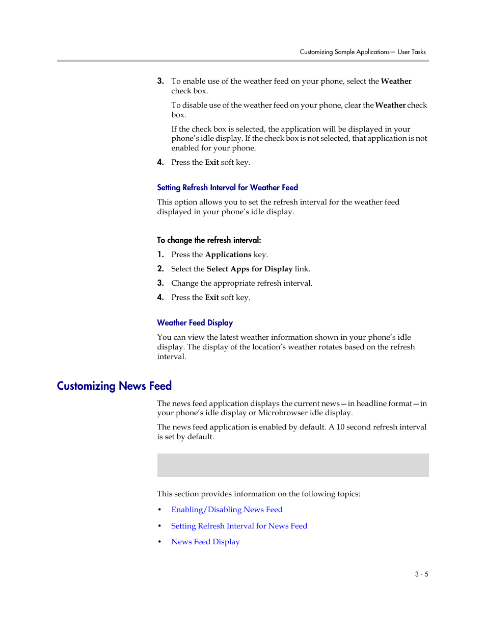 Customizing news feed, Customizing news feed –5, Setting refresh interval for weather feed | Weather feed display | Polycom SoundPoint IP 330 User Manual | Page 27 / 36
