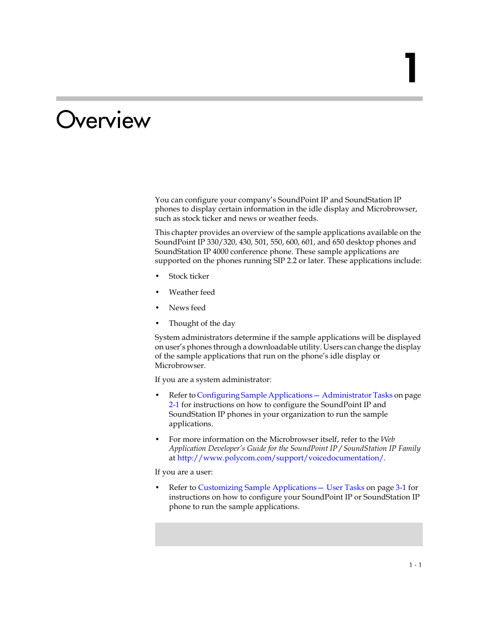 Overview, 1 overview –1 | Polycom SoundPoint IP 330 User Manual | Page 7 / 36