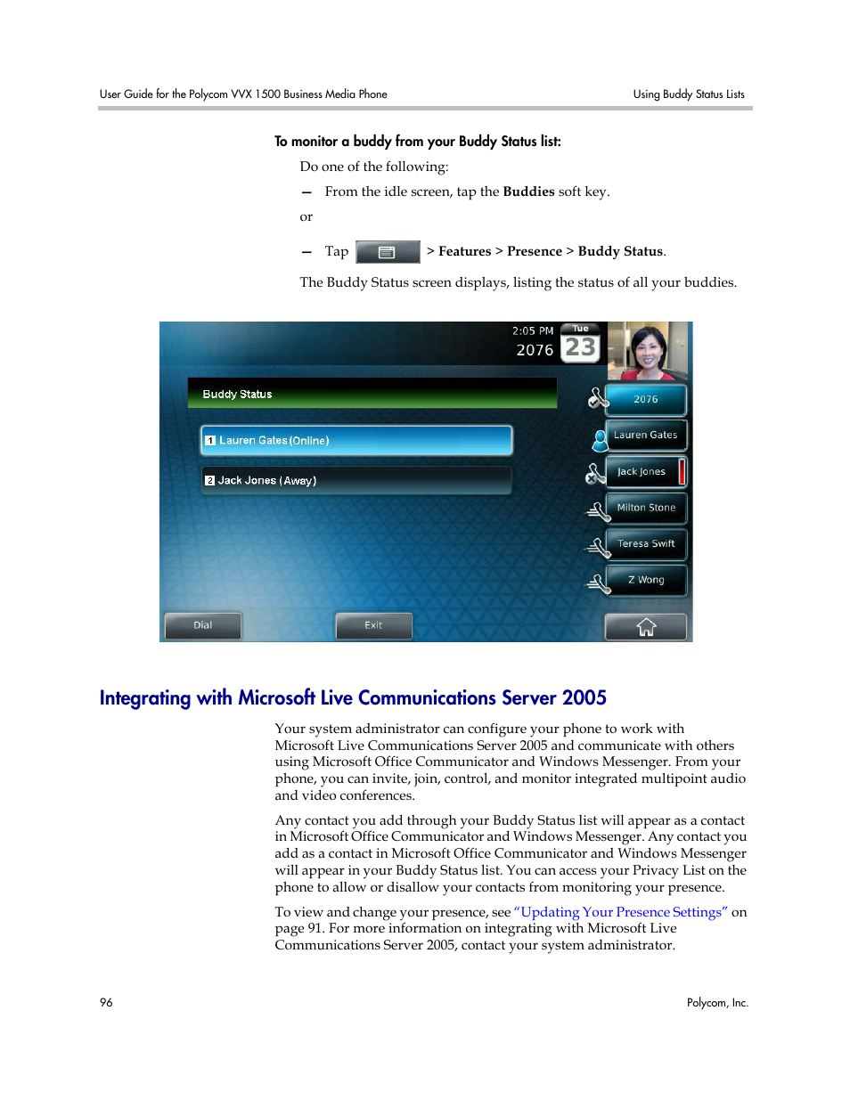 Ng with microsoft live communications server 2005, Integrating with, Microsoft live communications server 2005 | Integrating, With microsoft live communications server 2005 | Polycom VVX 1500 Business Media Phone User Manual | Page 102 / 174