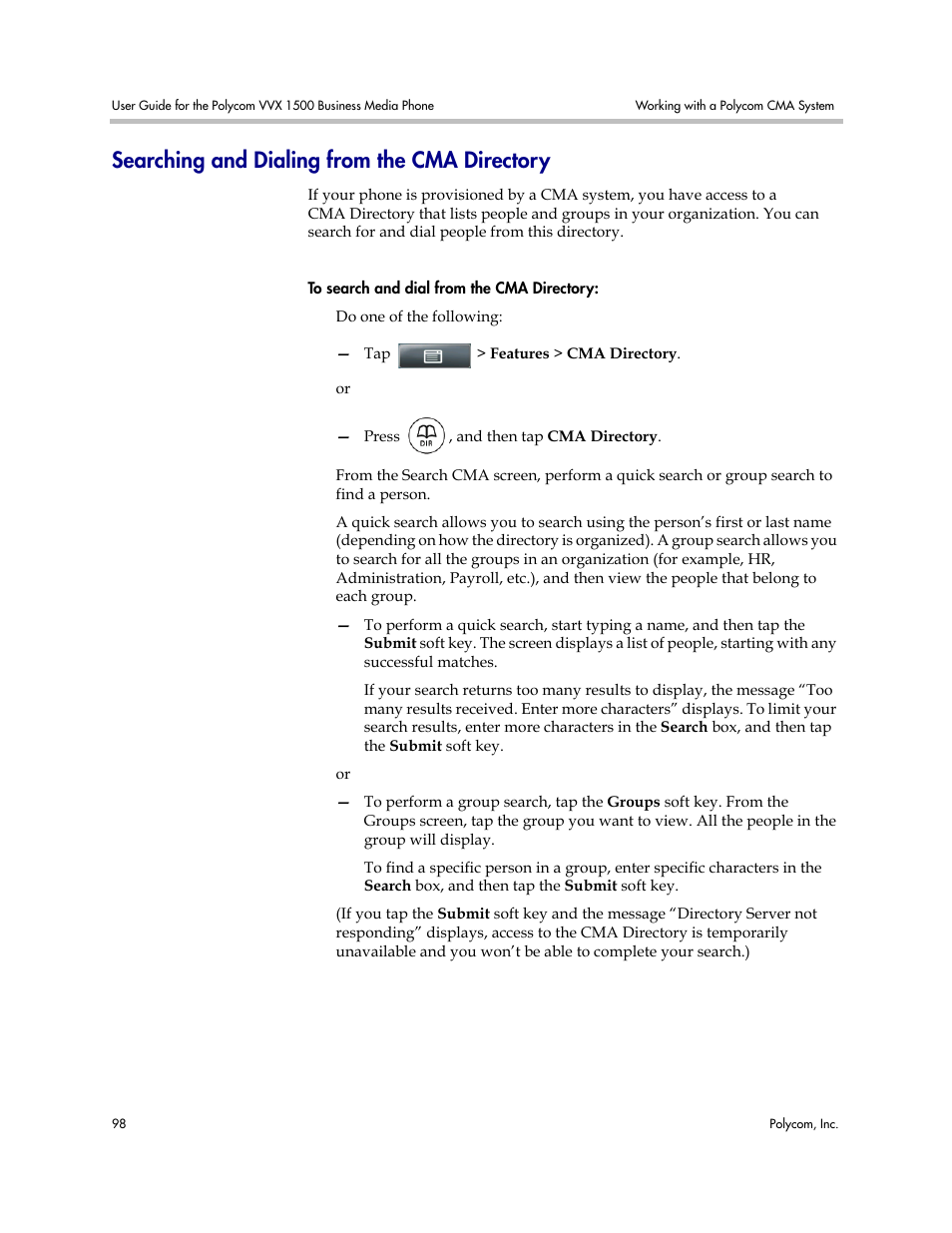 Searching and dialing from the cma directory | Polycom VVX 1500 Business Media Phone User Manual | Page 104 / 174