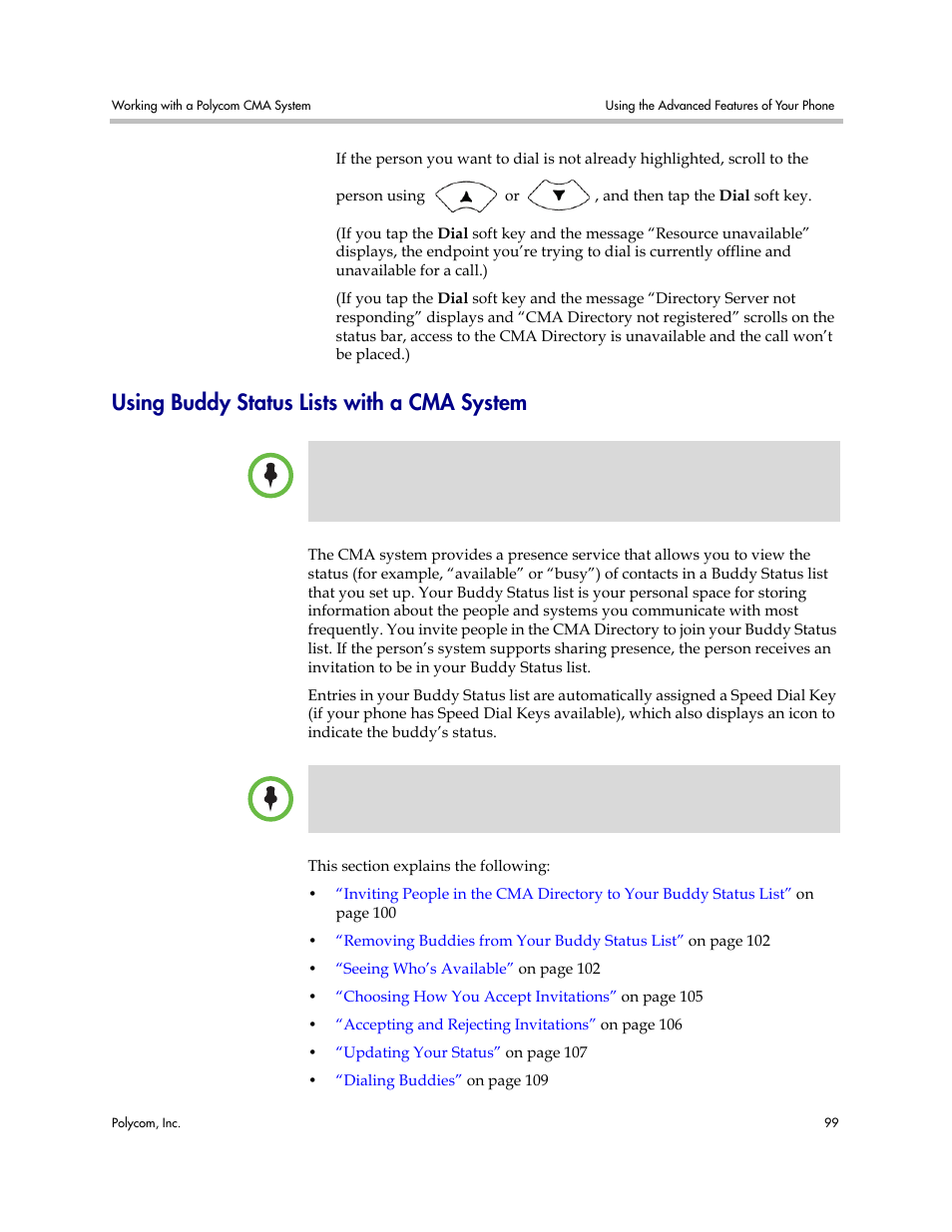 Using buddy status lists with a cma system, Using buddy status lists with a, Cma system | Polycom VVX 1500 Business Media Phone User Manual | Page 105 / 174