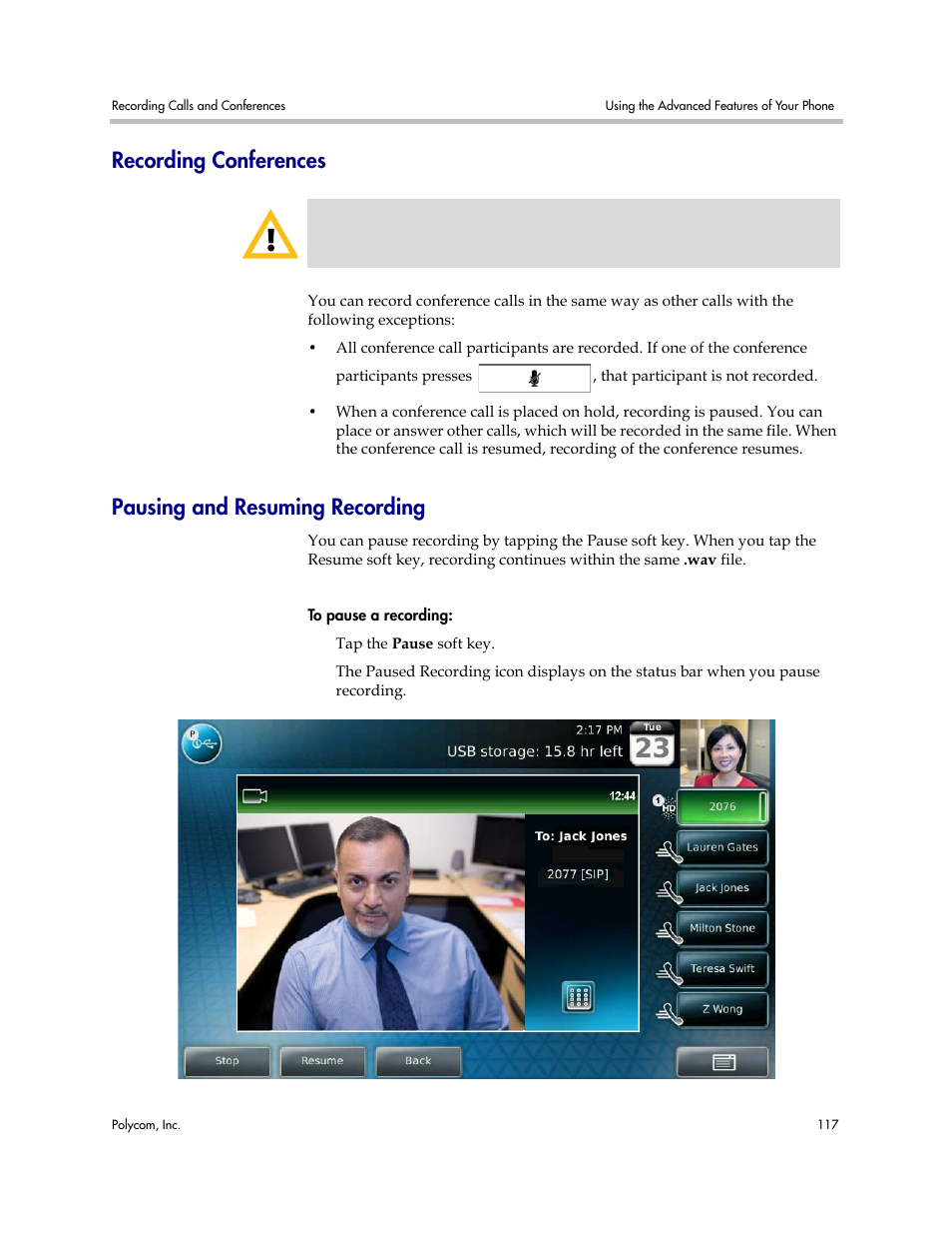 Recording conferences, Pausing and resuming recording | Polycom VVX 1500 Business Media Phone User Manual | Page 123 / 174