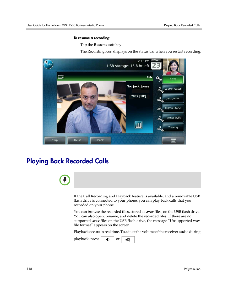 Playing back recorded calls | Polycom VVX 1500 Business Media Phone User Manual | Page 124 / 174