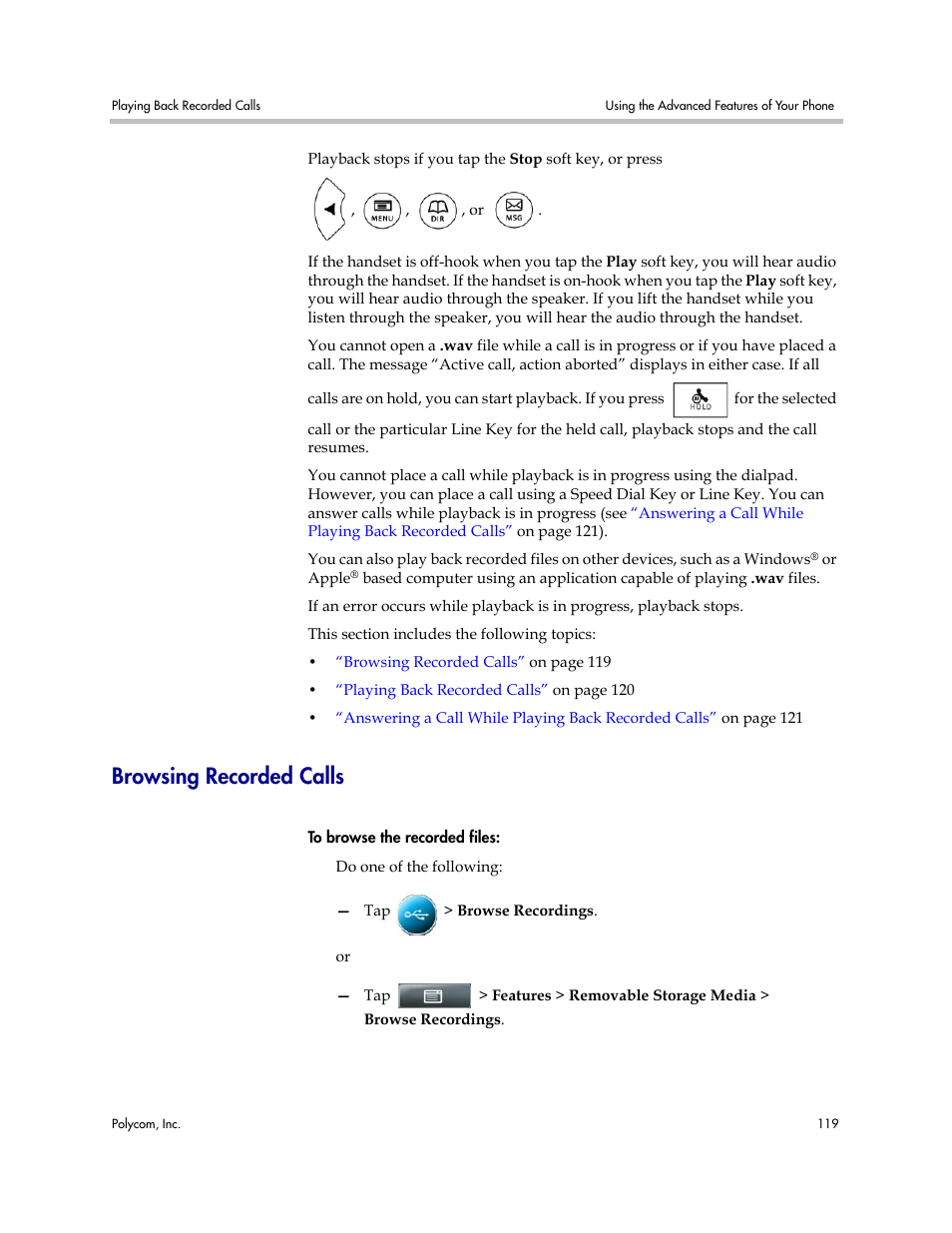 Browsing recorded calls | Polycom VVX 1500 Business Media Phone User Manual | Page 125 / 174