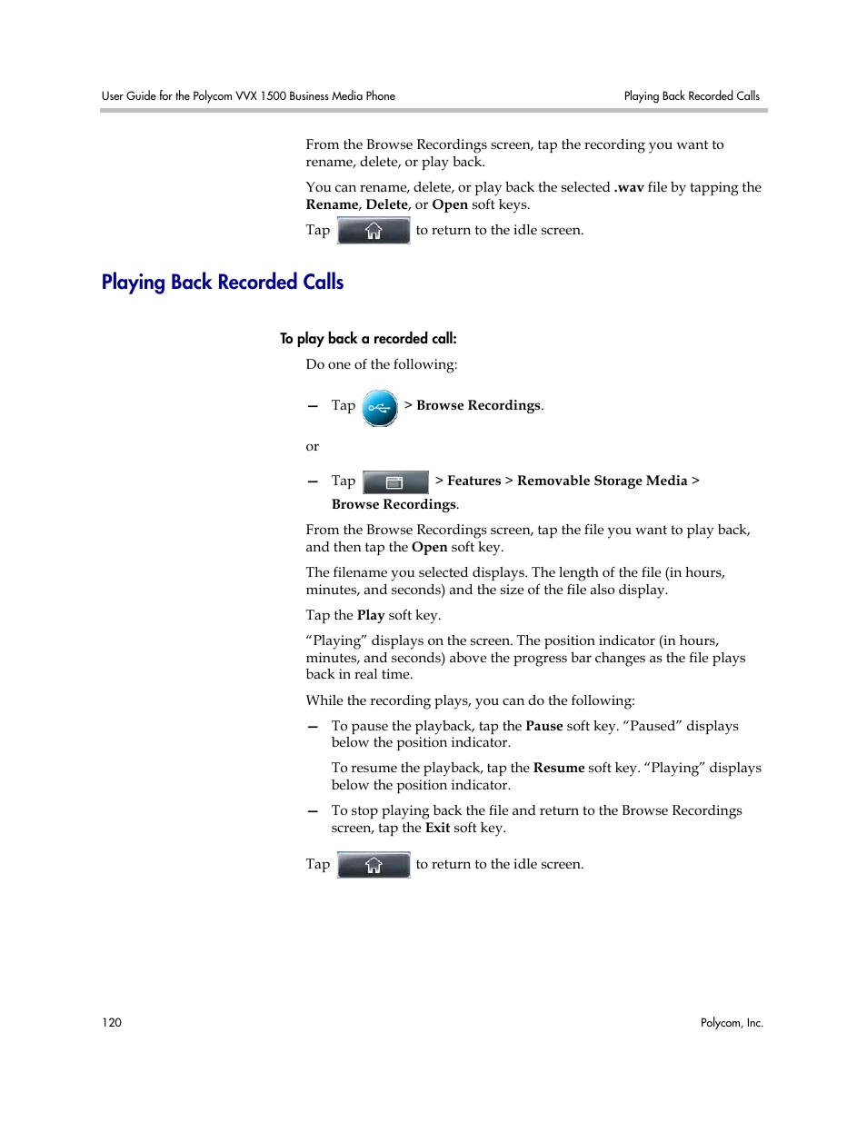 Playing back recorded calls | Polycom VVX 1500 Business Media Phone User Manual | Page 126 / 174