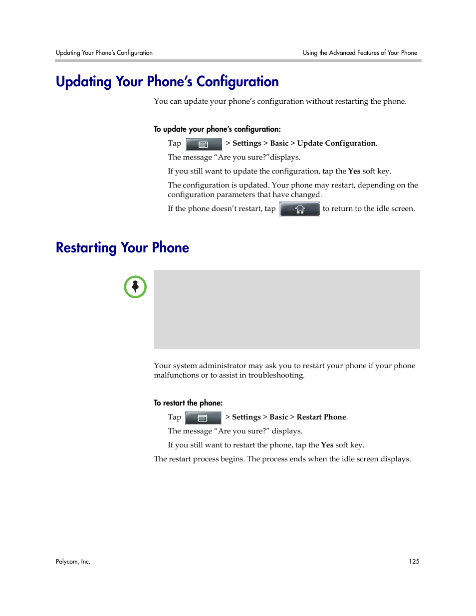 Updating your phone’s configuration, Restarting your phone | Polycom VVX 1500 Business Media Phone User Manual | Page 131 / 174