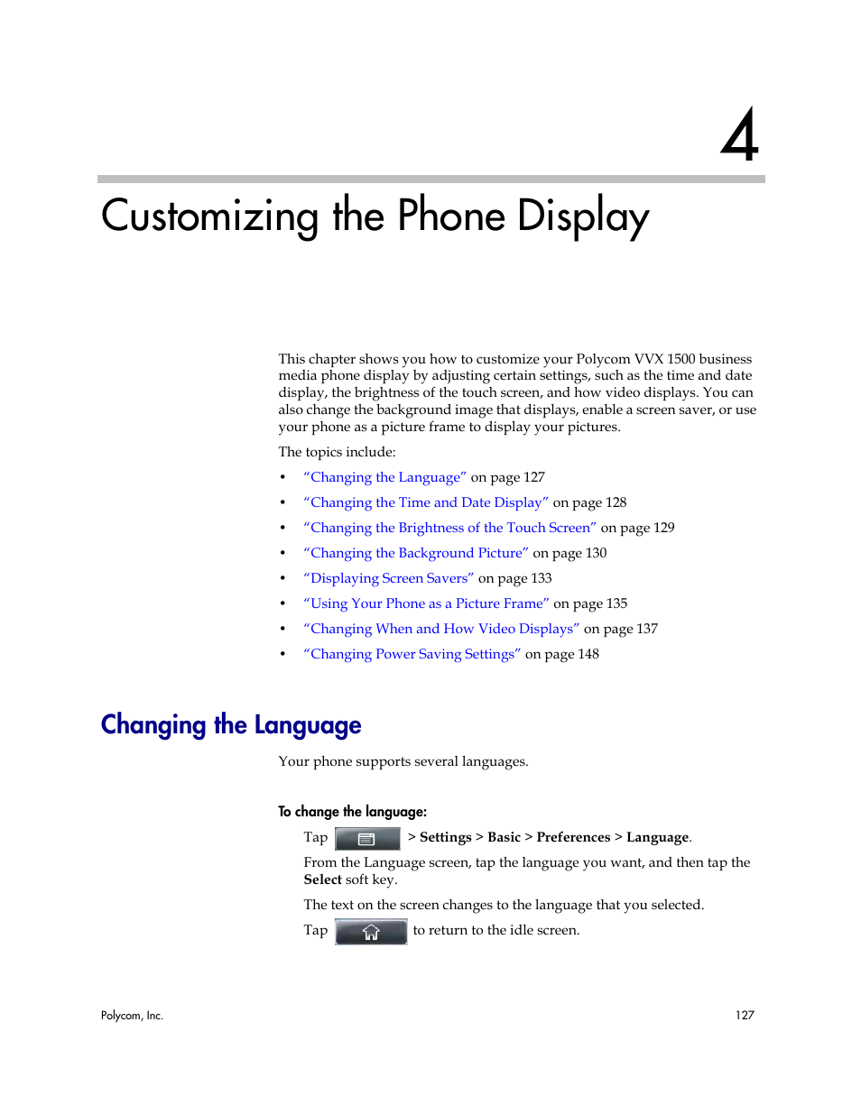 Customizing the phone display, Changing the language | Polycom VVX 1500 Business Media Phone User Manual | Page 133 / 174