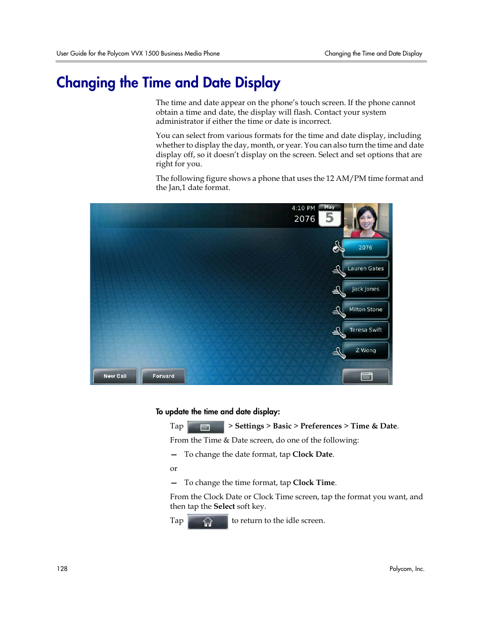 Changing the time and date display | Polycom VVX 1500 Business Media Phone User Manual | Page 134 / 174