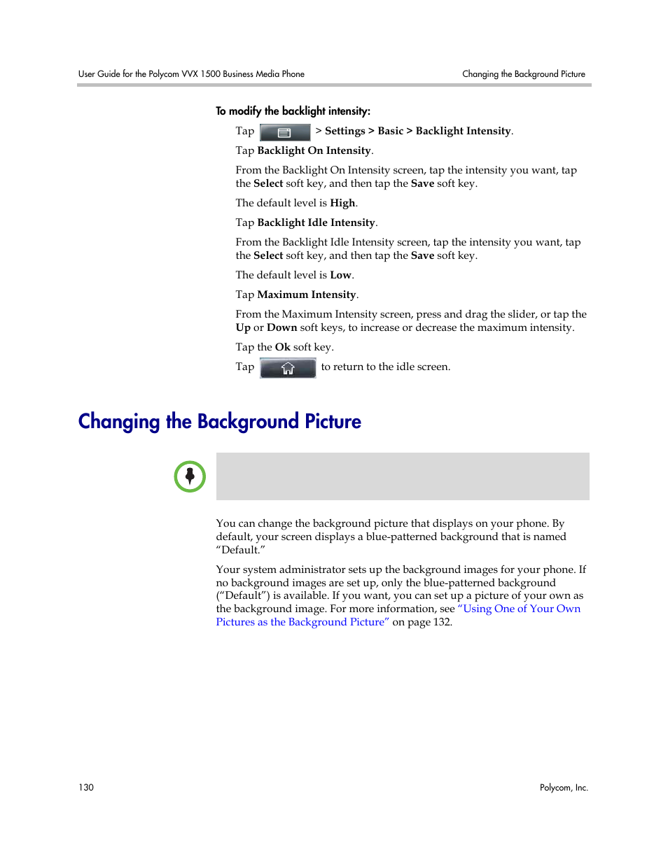 Changing the background picture | Polycom VVX 1500 Business Media Phone User Manual | Page 136 / 174