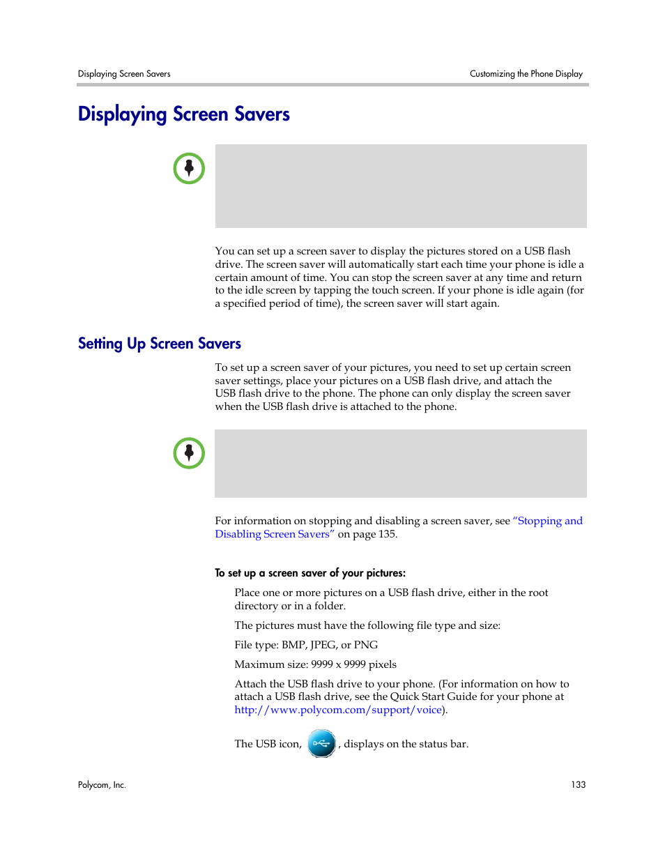 Displaying screen savers, Setting up screen savers, Displaying | Screen savers | Polycom VVX 1500 Business Media Phone User Manual | Page 139 / 174