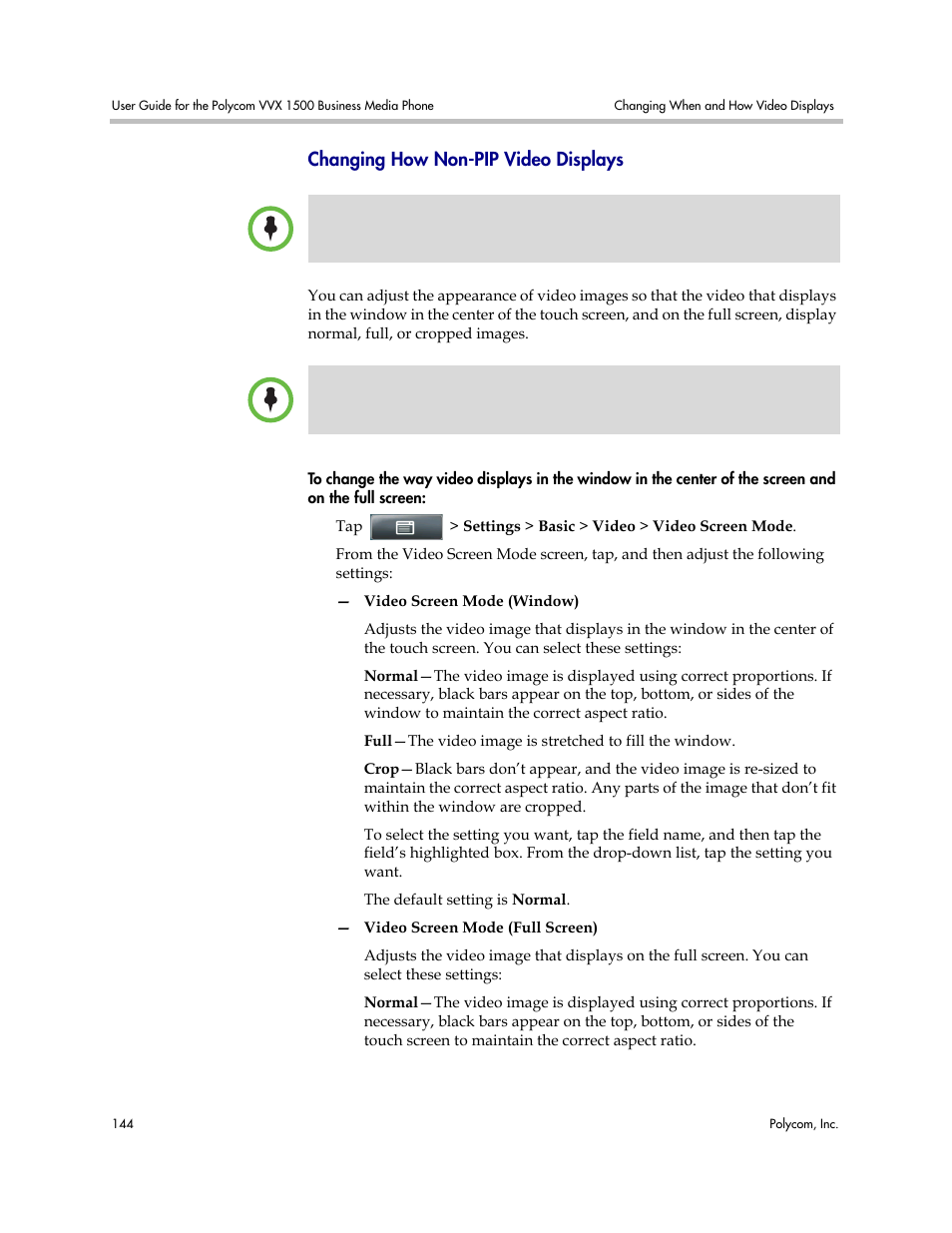 Changing how non-pip video displays | Polycom VVX 1500 Business Media Phone User Manual | Page 150 / 174