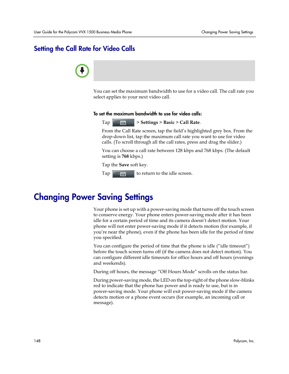 Setting the call rate for video calls, Changing power saving settings | Polycom VVX 1500 Business Media Phone User Manual | Page 154 / 174