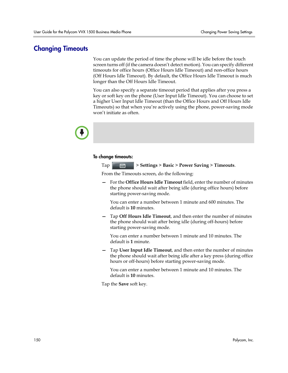 Changing timeouts | Polycom VVX 1500 Business Media Phone User Manual | Page 156 / 174