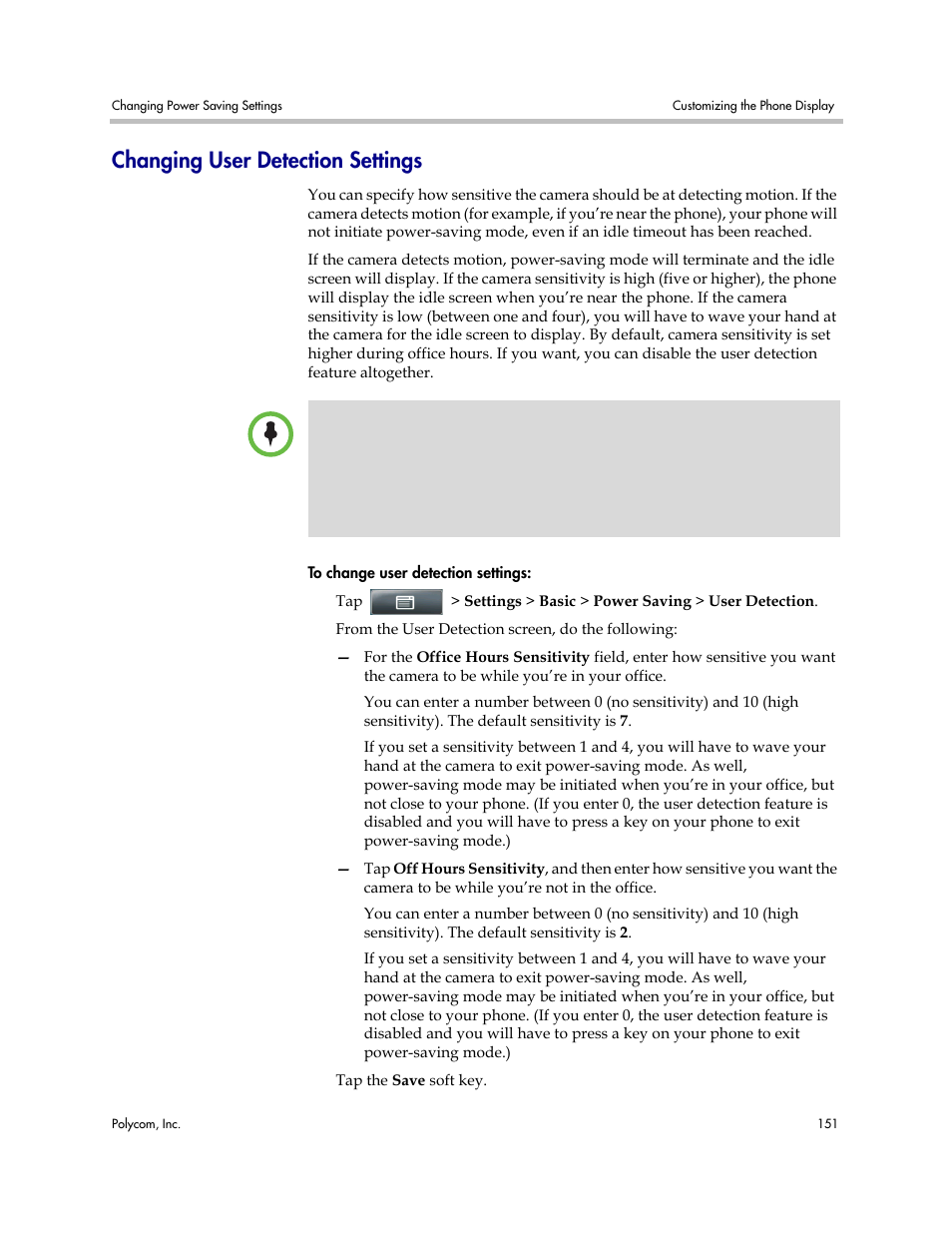 Changing user detection settings | Polycom VVX 1500 Business Media Phone User Manual | Page 157 / 174