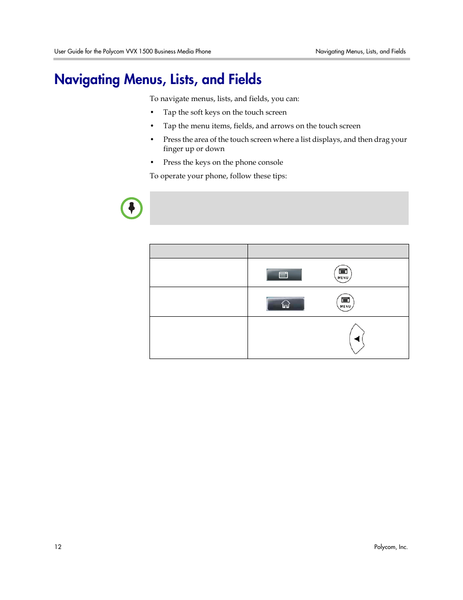 Navigating menus, lists, and fields | Polycom VVX 1500 Business Media Phone User Manual | Page 18 / 174