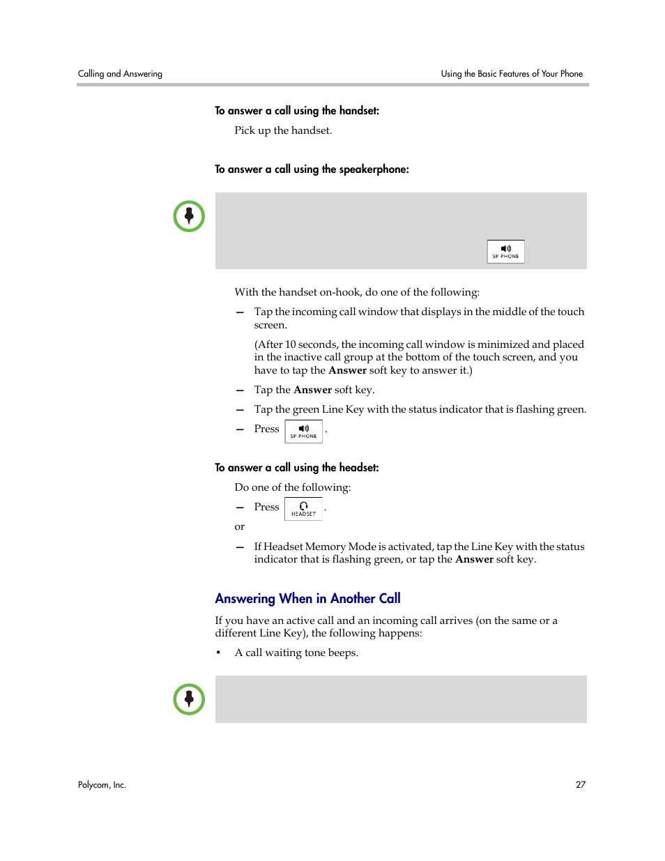 Answering when in another call | Polycom VVX 1500 Business Media Phone User Manual | Page 33 / 174