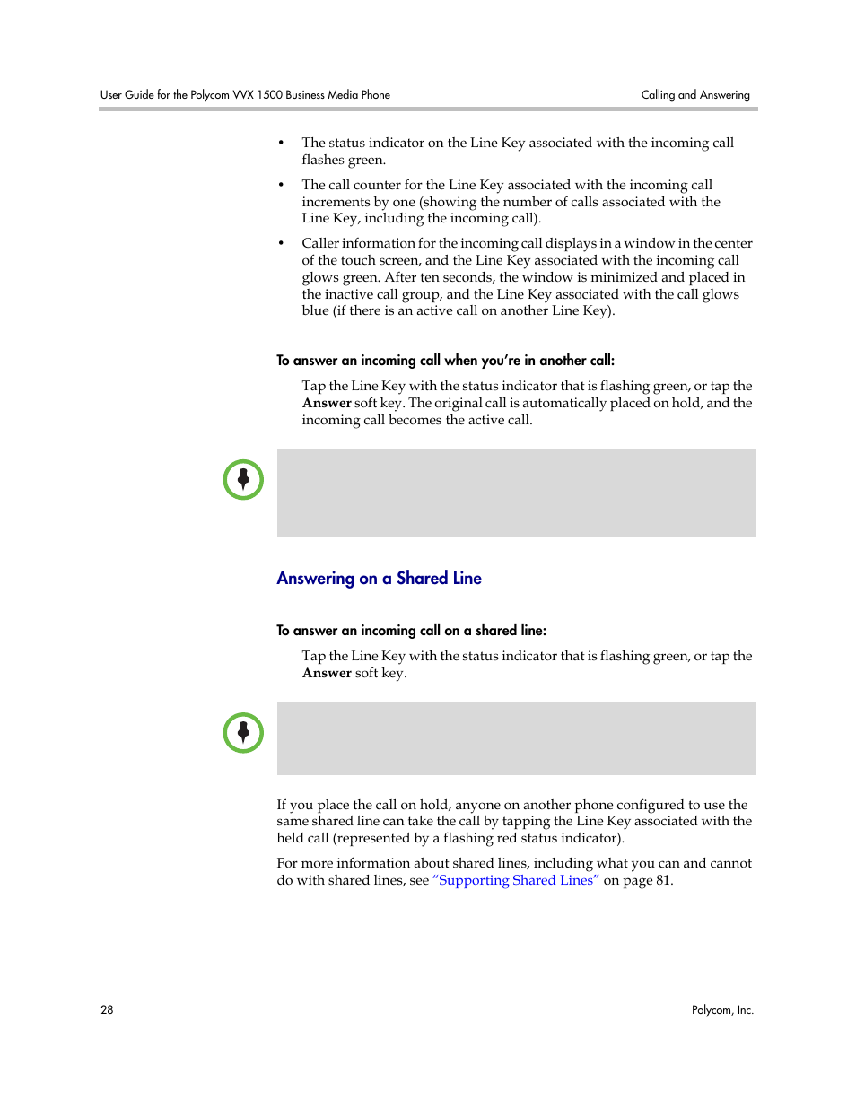 Answering on a shared line | Polycom VVX 1500 Business Media Phone User Manual | Page 34 / 174