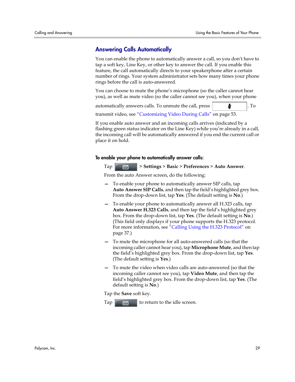 Answering calls automatically | Polycom VVX 1500 Business Media Phone User Manual | Page 35 / 174