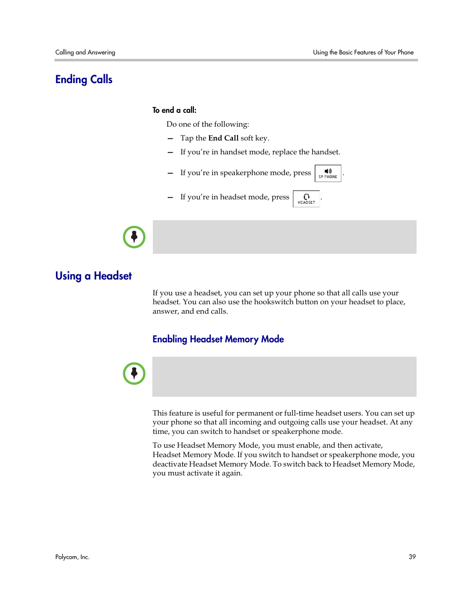 Ending calls, Using a headset, Enabling headset memory mode | Ending calls using a headset | Polycom VVX 1500 Business Media Phone User Manual | Page 45 / 174