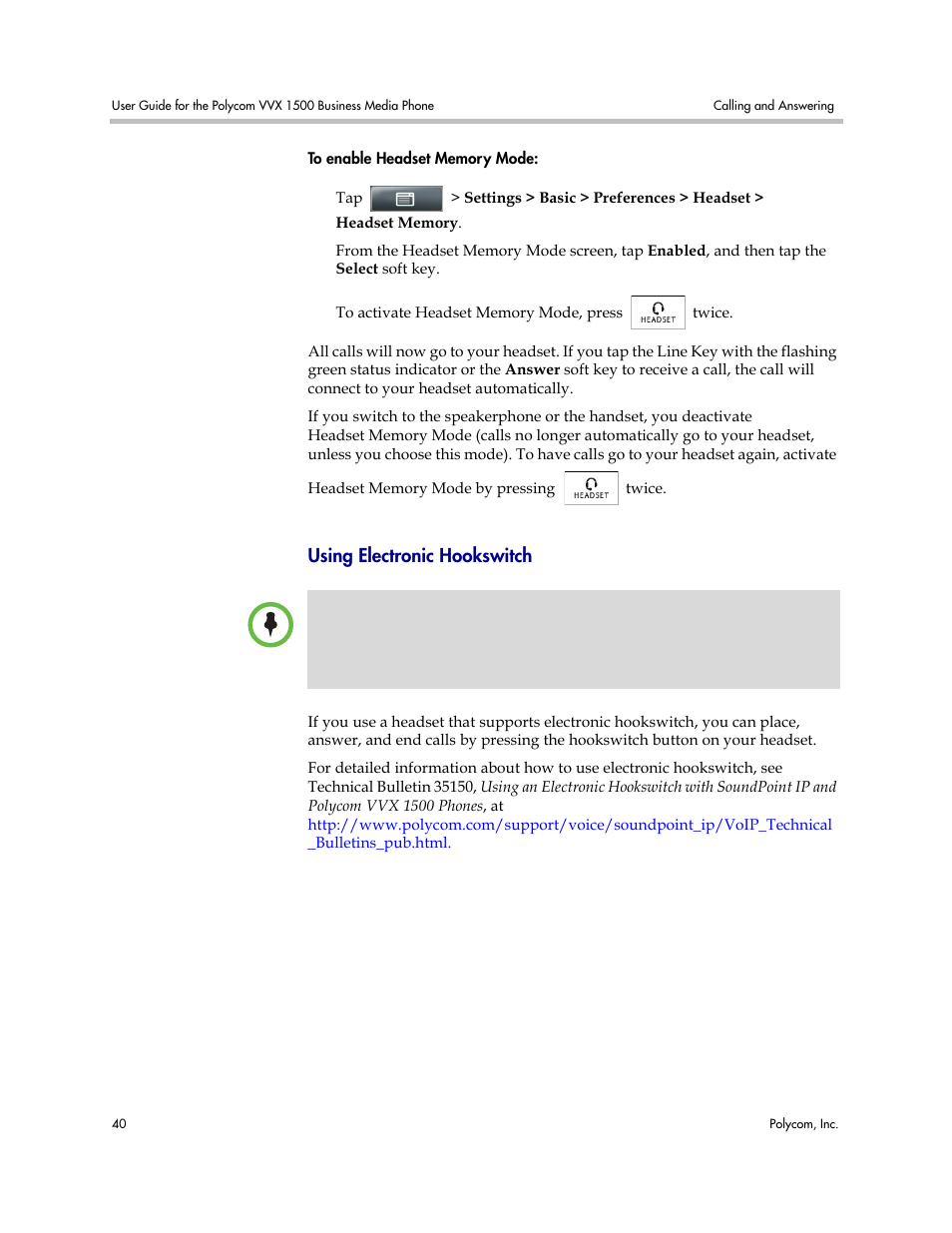 Using electronic hookswitch | Polycom VVX 1500 Business Media Phone User Manual | Page 46 / 174