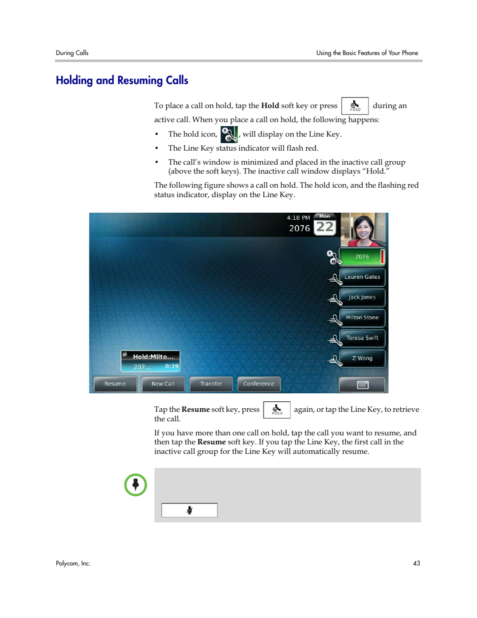 Holding and resuming calls | Polycom VVX 1500 Business Media Phone User Manual | Page 49 / 174