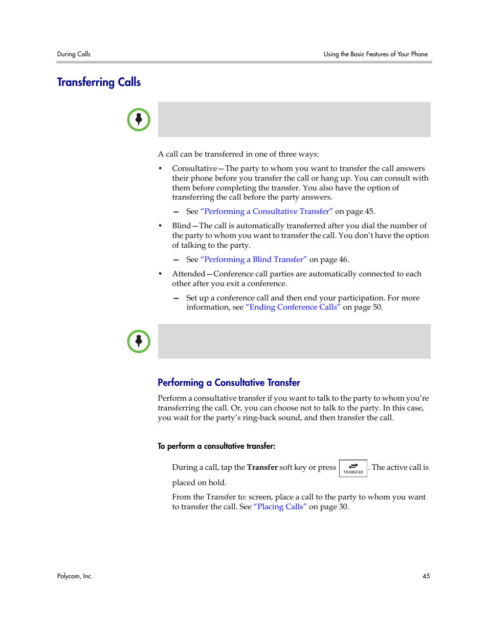 Transferring calls, Performing a consultative transfer, Calls | Setting | Polycom VVX 1500 Business Media Phone User Manual | Page 51 / 174