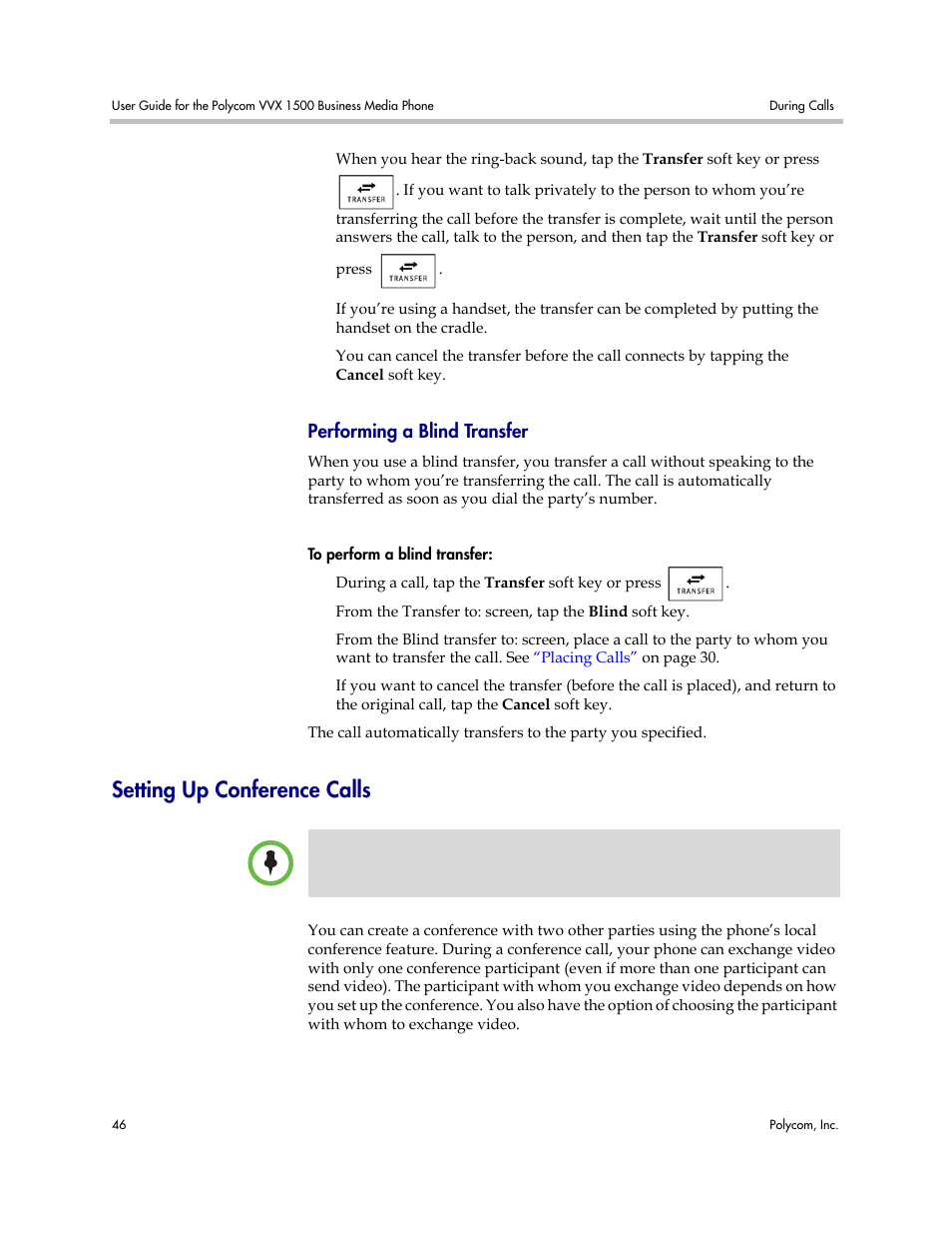 Performing a blind transfer, Setting up conference calls, Up conference calls | Polycom VVX 1500 Business Media Phone User Manual | Page 52 / 174