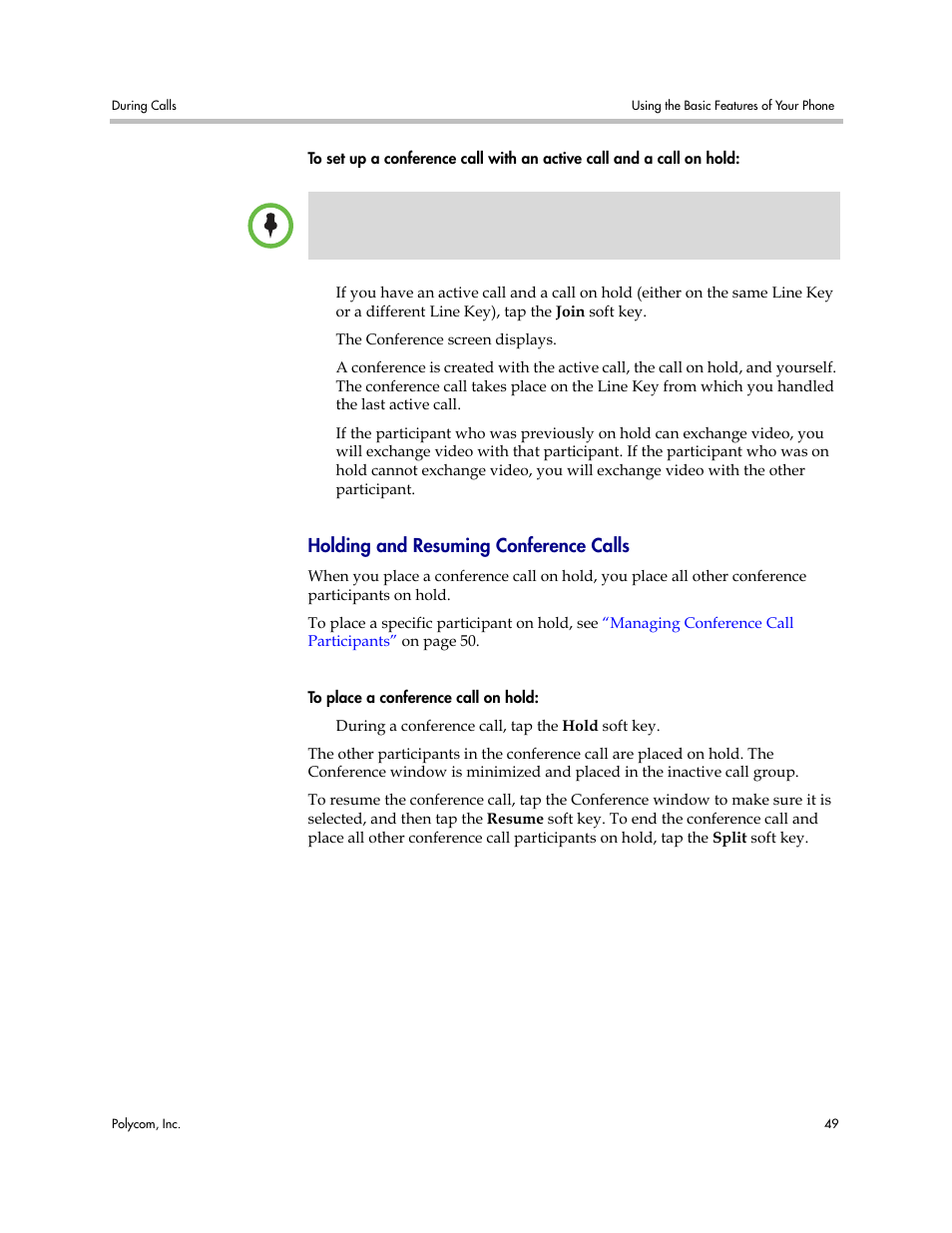 Holding and resuming conference calls | Polycom VVX 1500 Business Media Phone User Manual | Page 55 / 174